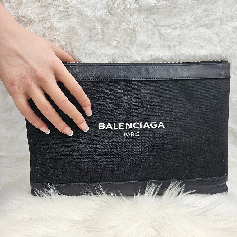 Balenciaga Black Canvas and Leather Medium Pouch